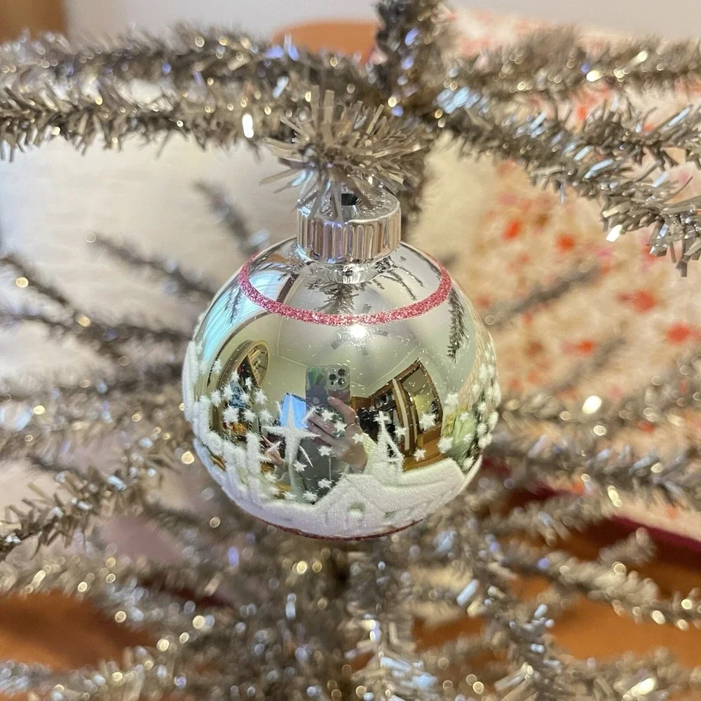 Radko Shiny Brite‎ Stenciled Flocked Ornament Silent Night Green Pink Silver MCM